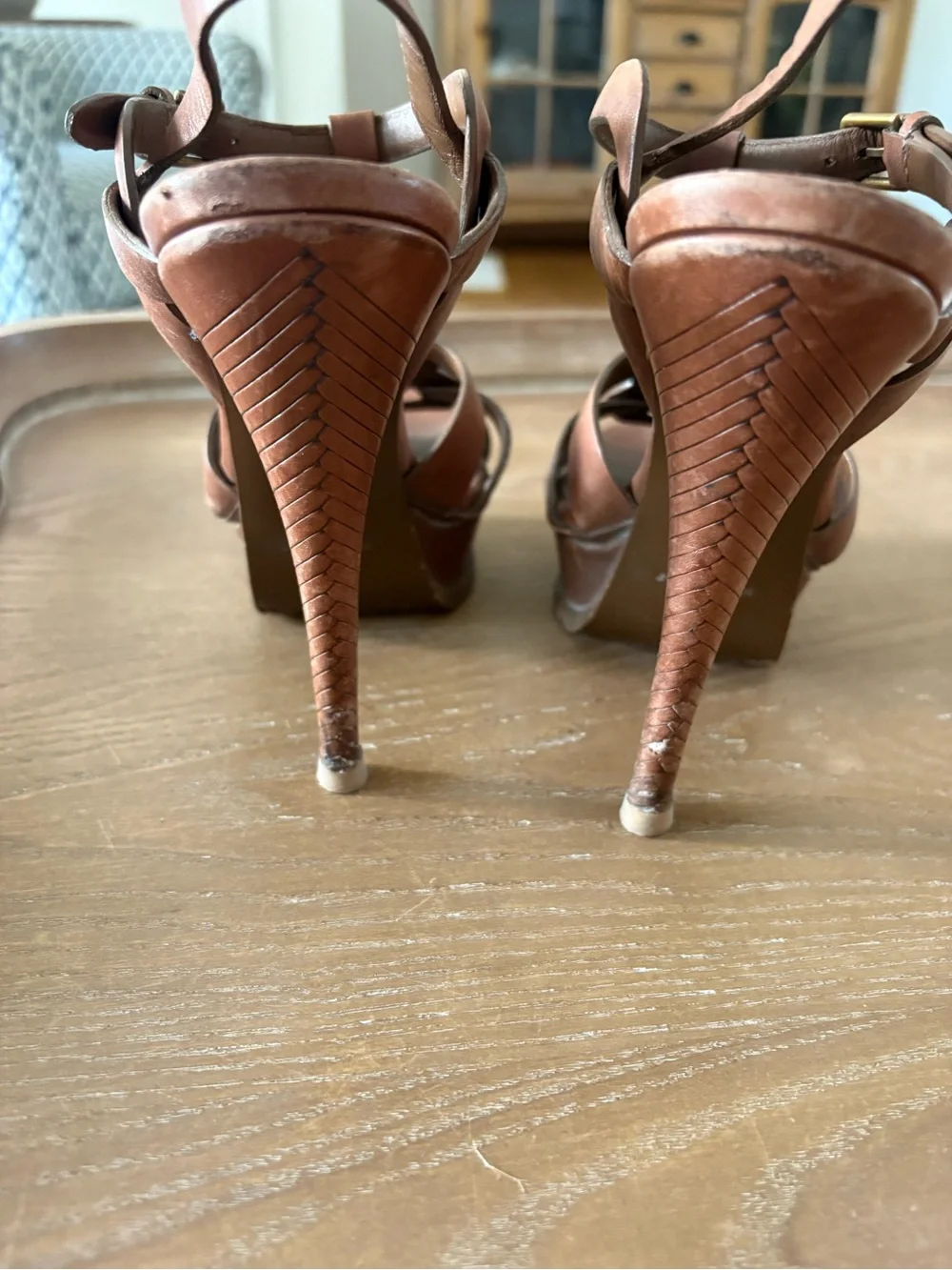 Women's Brown Leather T-Strap Woven Platform Sandals